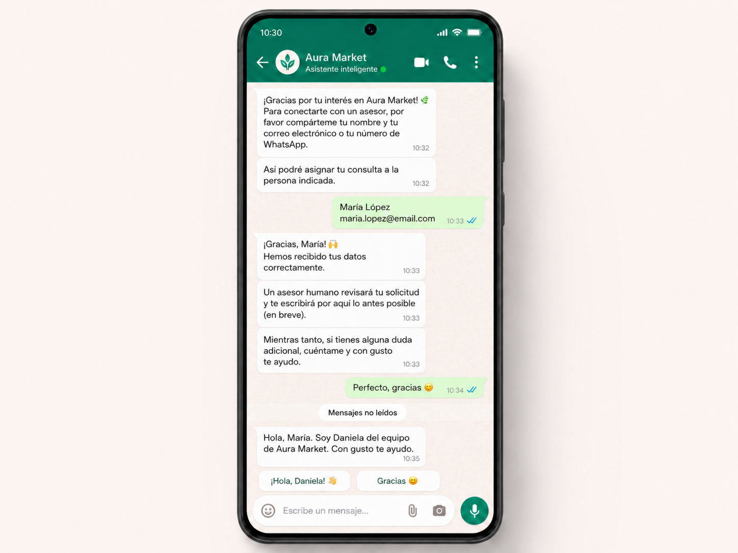 Asistente inteligente conectado con WhatsApp para atención y consulta de productos