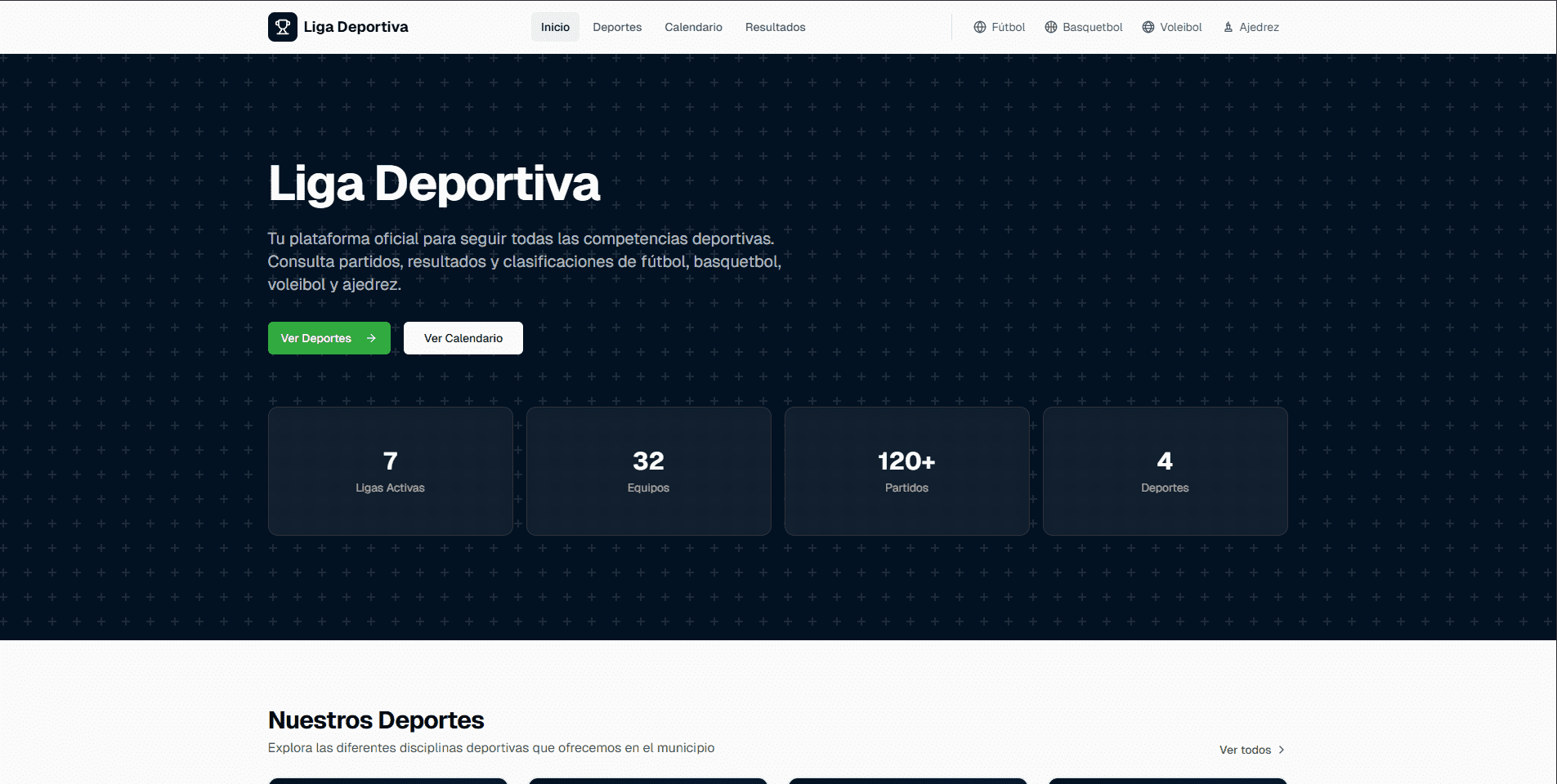 Vista principal de la plataforma de gestión deportiva
