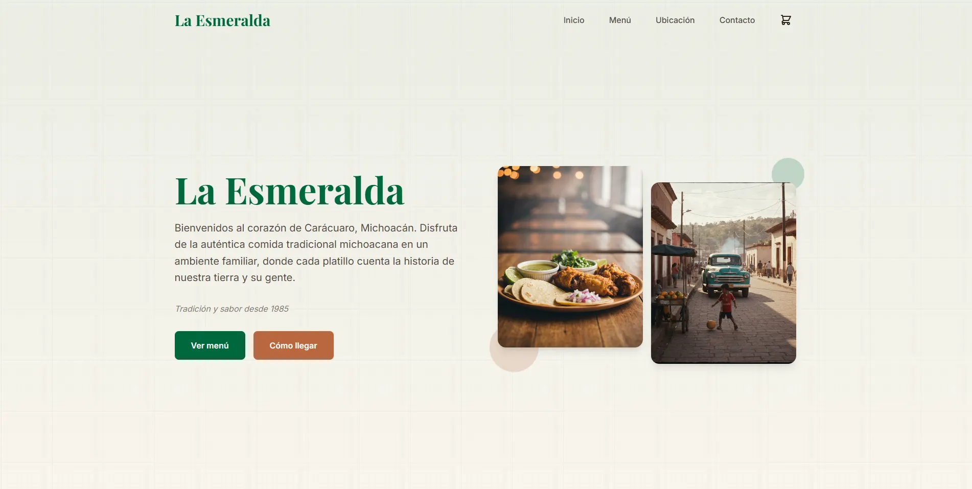 Vista principal del sitio web de restaurante La Esmeralda