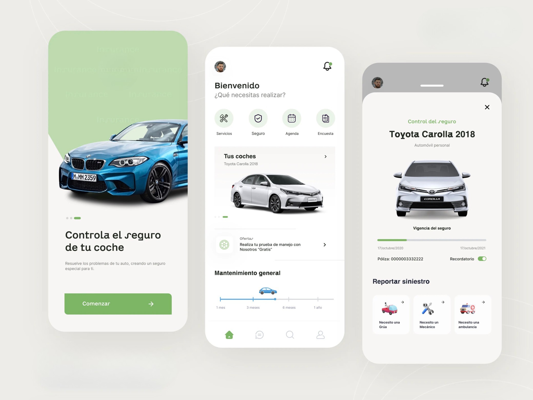 Pantallas de app móvil para controlar el seguro de un auto